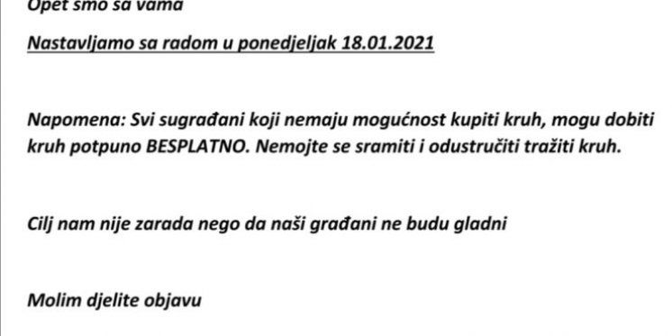 Nakon potresa u Glini otvara se prva pekarnica: Za sve bez novca, kruh je besplatan